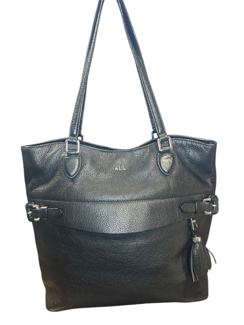 Lauren Ralph Lauren Black Leather Tassel Tote Classic Shoulder Bag